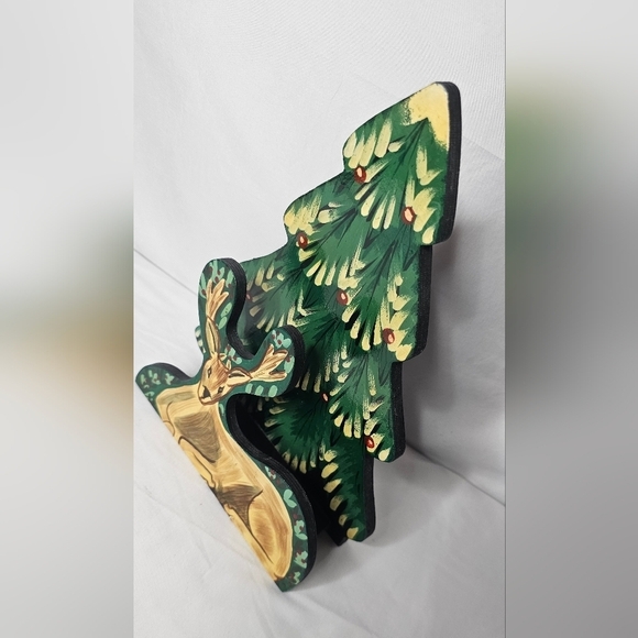 Other - Vintage Wood Handpainted Napkin Holder 11” Tall Deer & Tree Christmas Holidays